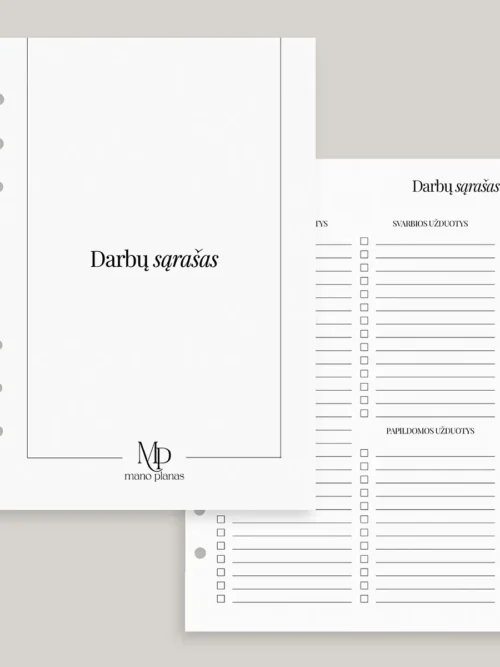 Planuoklio pildymo rinkinys - darbų sąrašo titulinis ir vidinis puslapis.