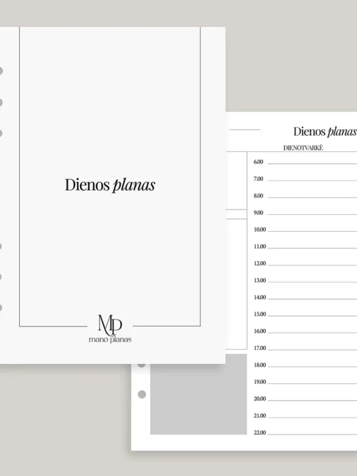 Planuoklio pildymo rinkinys - dienos plano titulinis ir vidinis lapas dienotvarkei.