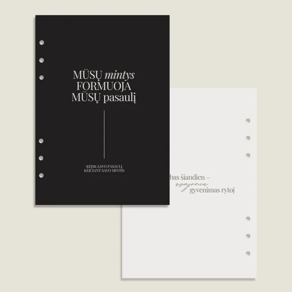 planuoklio-skirtukas-musu-mintys-formuoja-pasauli Juodo ir šviesiai pilko planuoklio skirtukų derinys su motyvacinėmis citatomis apie mintis ir svajonių gyvenimą.