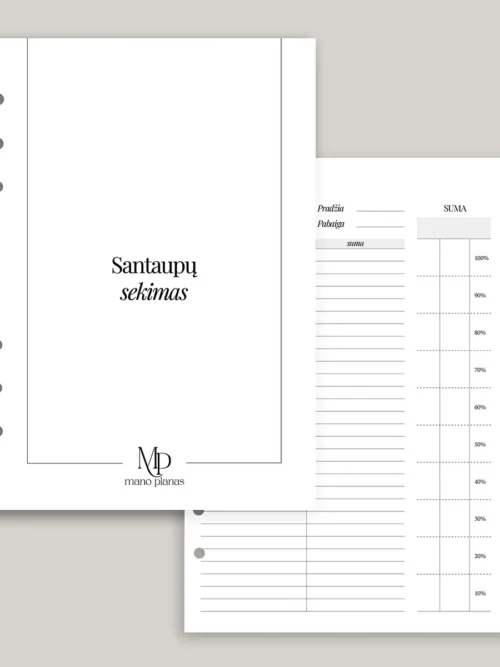 Planuoklio pildymo rinkinys - santaupų sekimo titulinis ir vidinis lapas finansams valdyti.