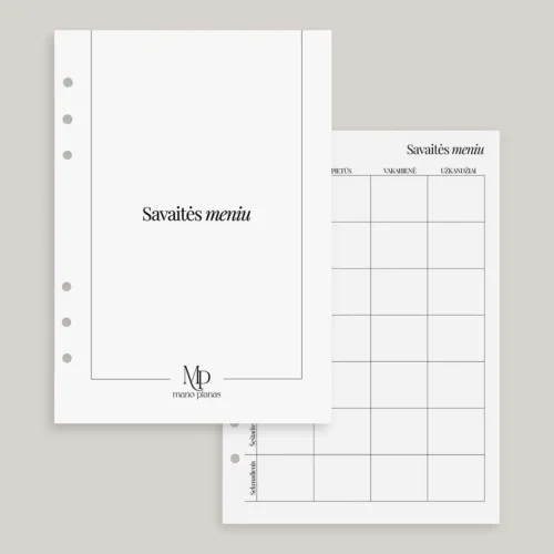 planuoklio-papildymas-savaites-meniu-lapai Planuoklio pildymo rinkinys - savaitės meniu titulinis ir vidinis lapas maisto planavimui.