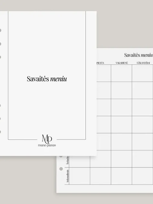 Planuoklio pildymo rinkinys - savaitės meniu titulinis ir vidinis lapas maisto planavimui.