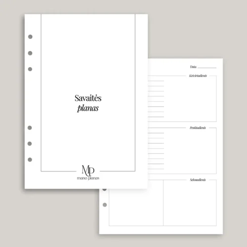 Planuoklio pildymo rinkinys - savaitės plano titulinis ir vidinis lapas savaičių planavimui.
