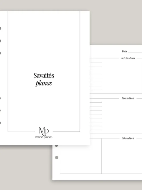 Planuoklio pildymo rinkinys - savaitės plano titulinis ir vidinis lapas savaičių planavimui.