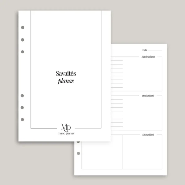 Planuoklio pildymo rinkinys - savaitės plano titulinis ir vidinis lapas savaičių planavimui.