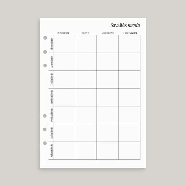 Planuoklio vidiniai lapai - savaitės meniu lentelė pusryčiams, pietums, vakarienei ir užkandžiams.