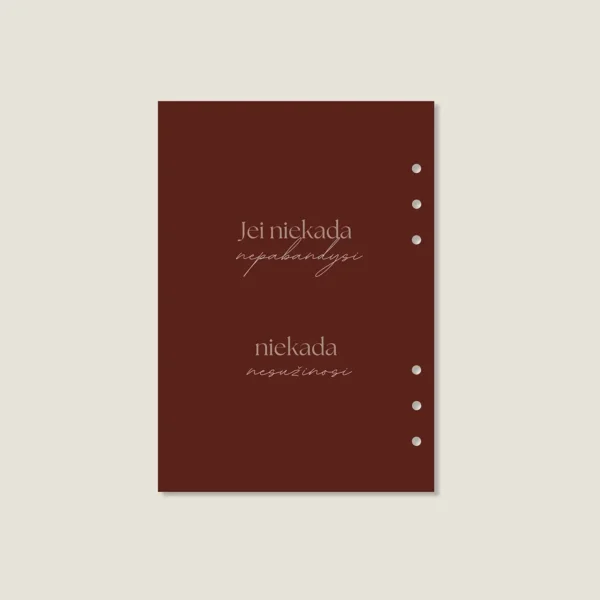 skirtukas-planuoklio-lapams-jei-niekada-nepabandysi Minimalistinis bordo spalvos planuoklio skirtukas su auksiniu užrašu „Jei niekada nepabandysi, niekada nesužinosi“.
