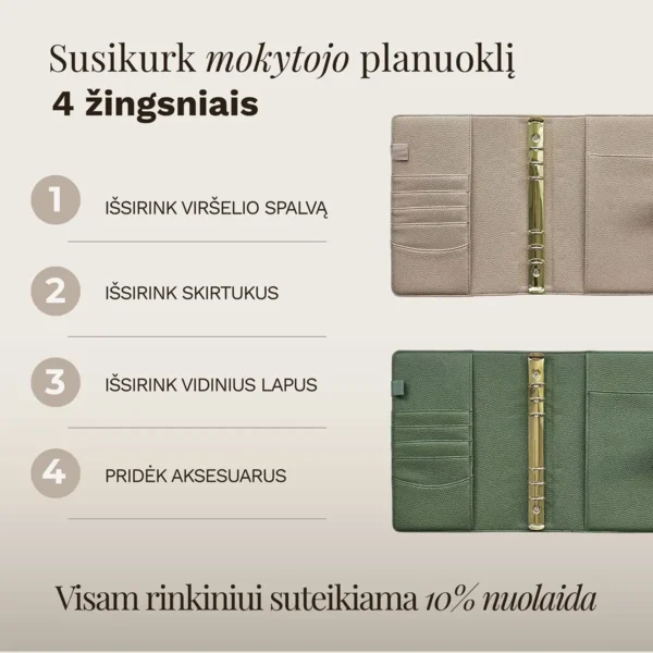 Susikurk mokytojo planuoklį 4 žingsniais: išsirink viršelio spalvą, skirtukus, vidinius lapus ir aksesuarus. Visam rinkiniui suteikiama 10% nuolaida.