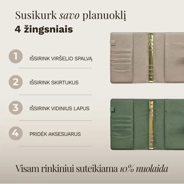 Susikurk savo planuoklį 4 žingsniais: išsirink viršelio spalvą, skirtukus, vidinius lapus ir aksesuarus. Visam rinkiniui suteikiama 10% nuolaida.