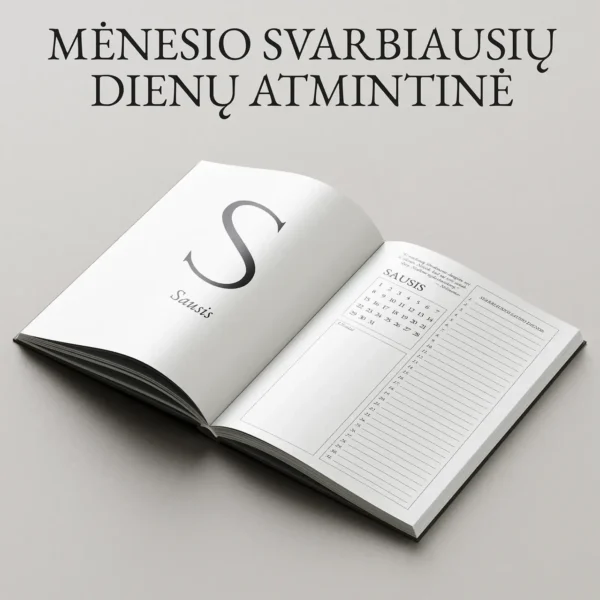 menesio-svarbiausiu-dienu-atmintine-planuoklio-puslapis Planuoklio atverstas puslapis su mėnesio kalendoriumi, įkvepiančia citata ir svarbiausių dienų užrašine.