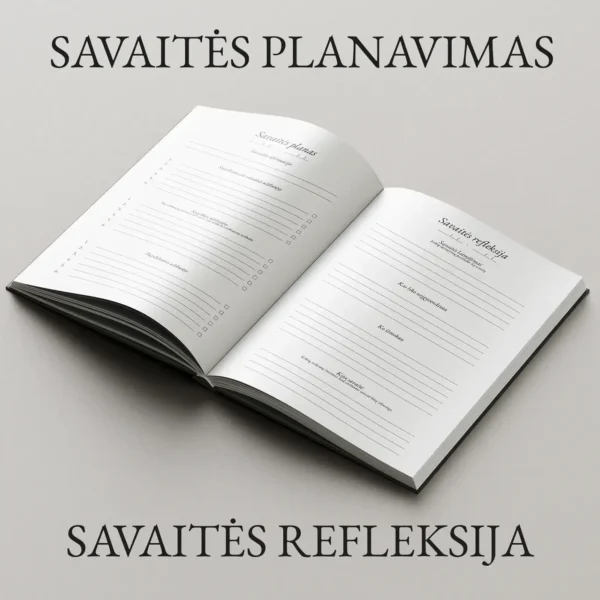 savaites-planavimas-ir-refleksija-vidinis-puslapis Planuoklio atverstukas su „Savaitės plano“ ir „Savaitės refleksijos“ skiltimis užduotims bei laimėjimams žymėtis.