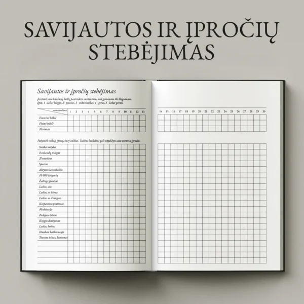savijautos-ir-iprociu-stebejimas-tinklelis-planuoklis Įpročių sekimo tinklelis (habits tracker) ir emocinės bei fizinės savijautos stebėjimo puslapis planuoklyje.
